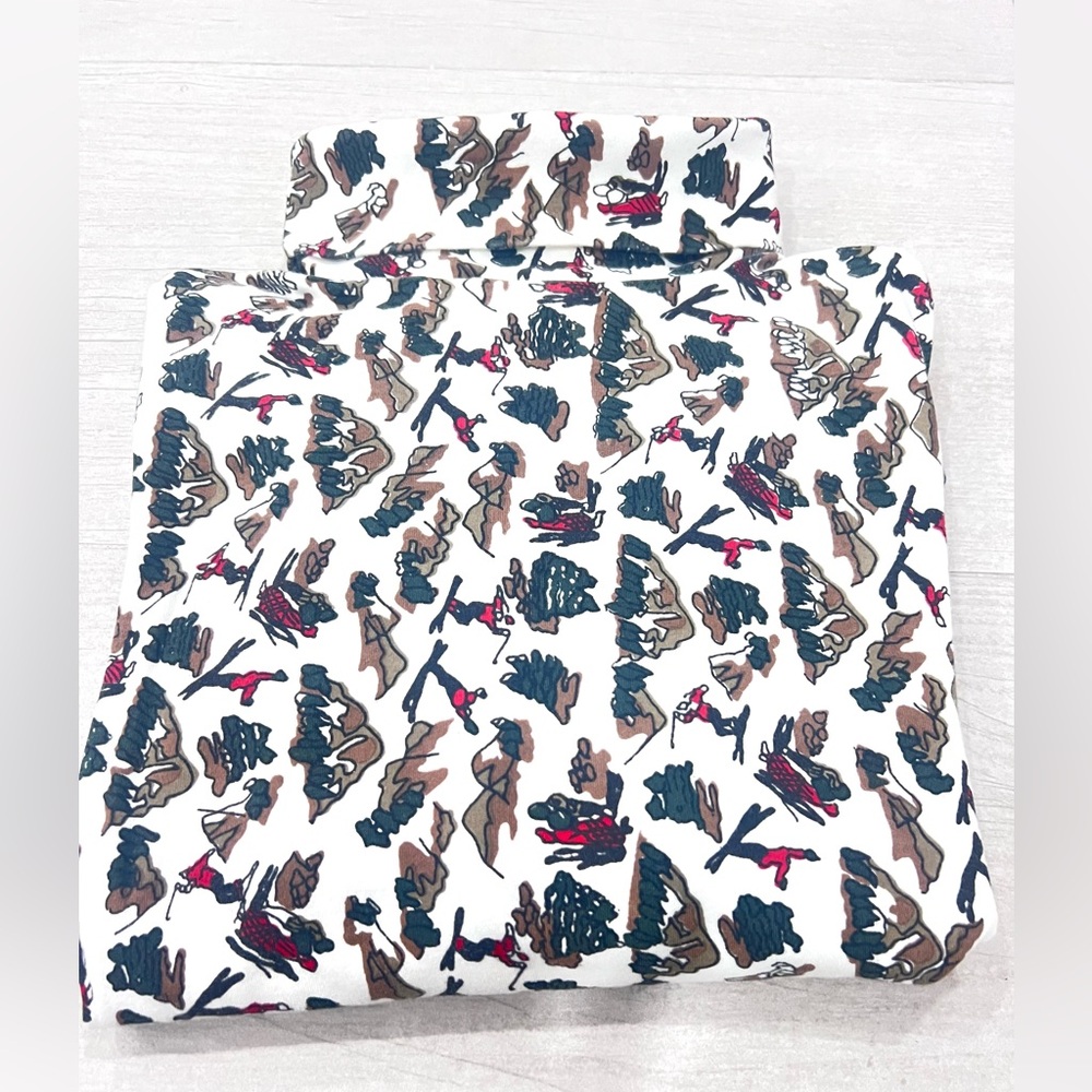 Meister Vintage Skier Print White Cotton Turtleneck Top Size L